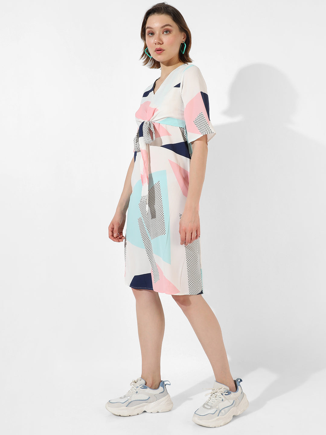 Abstract Print Dress With Tie-Up Waist