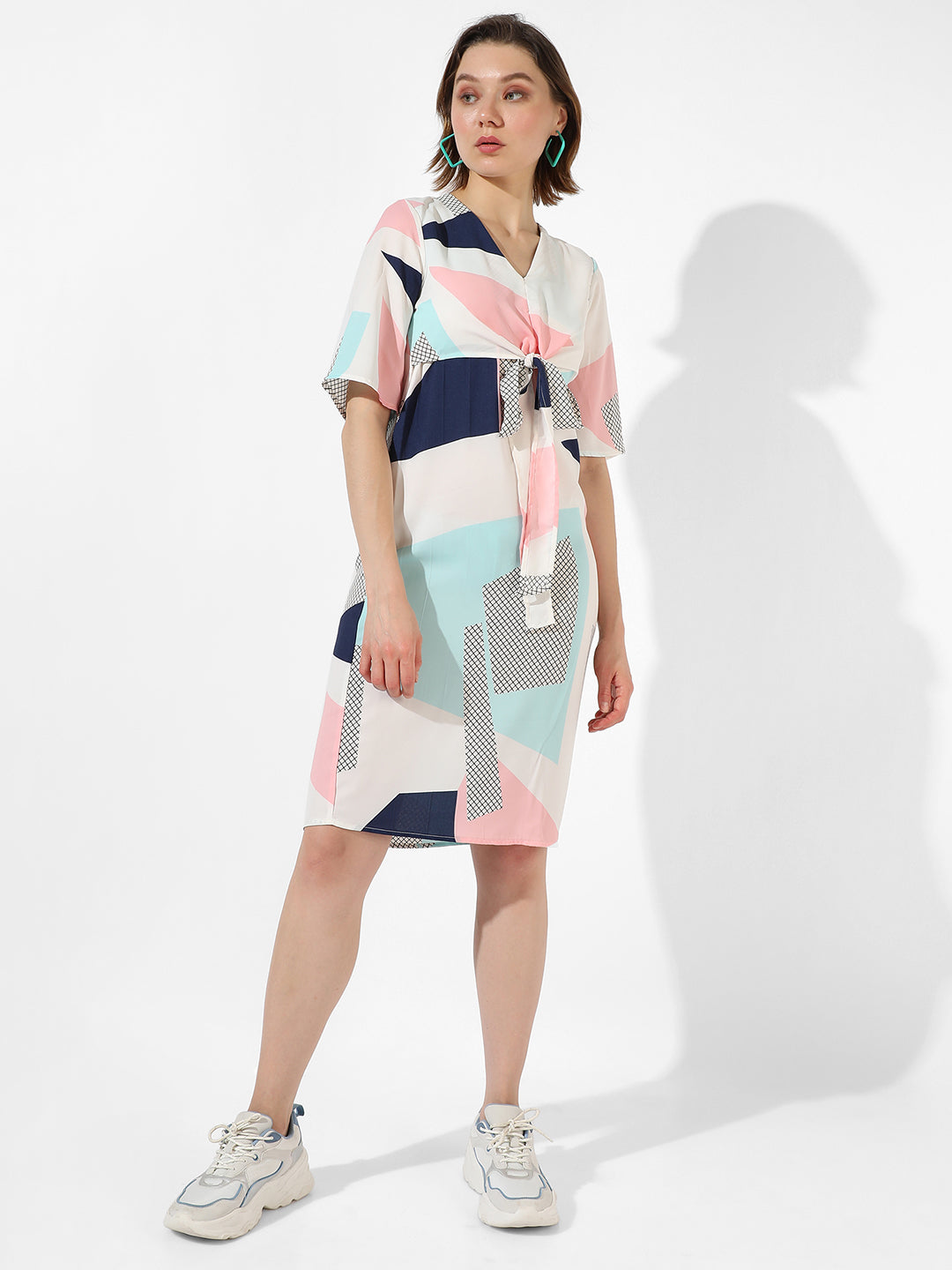 Abstract Print Dress With Tie-Up Waist