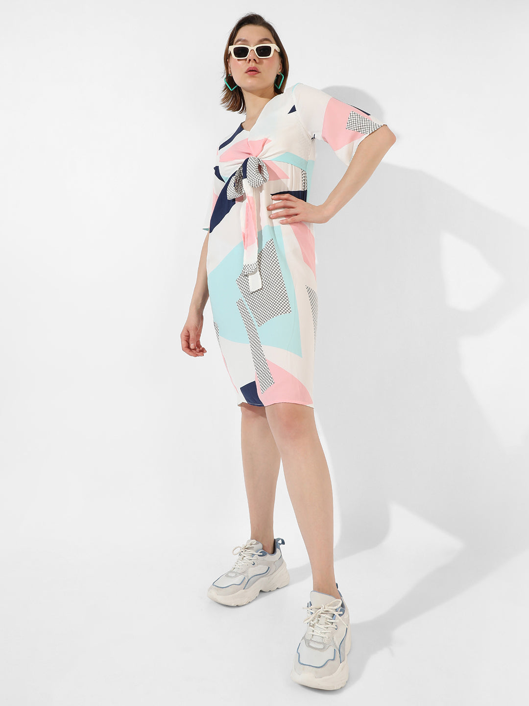 Abstract Print Dress With Tie-Up Waist