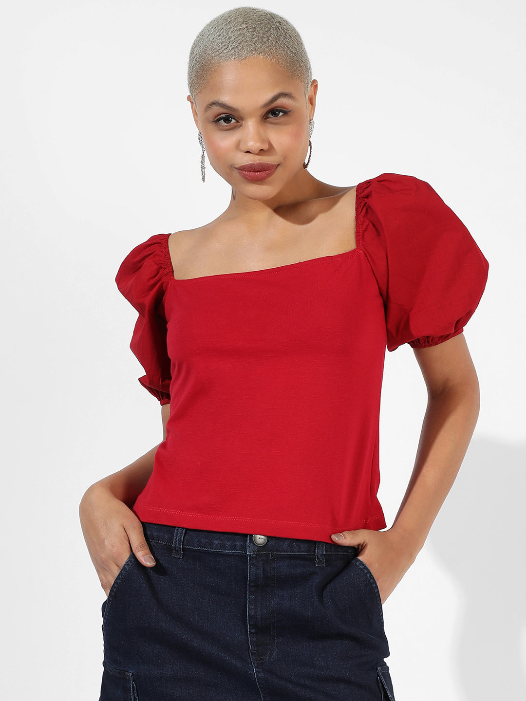 Solid Top With Puff Sleeves