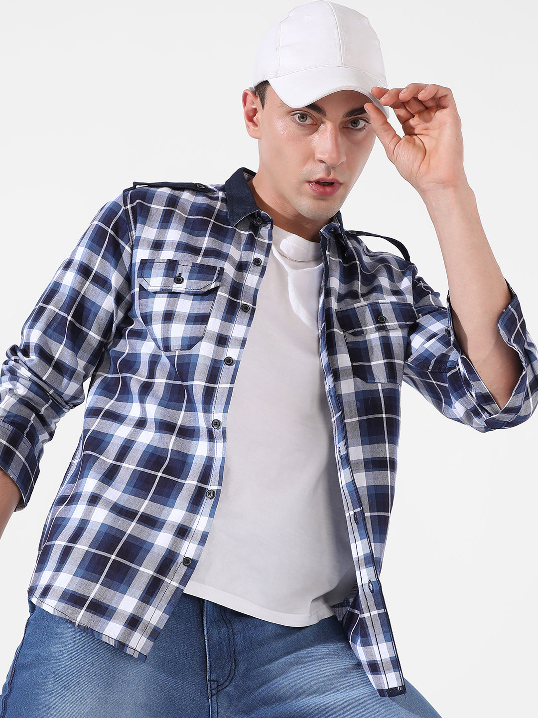 Blue Twill Check Casual Shirt
