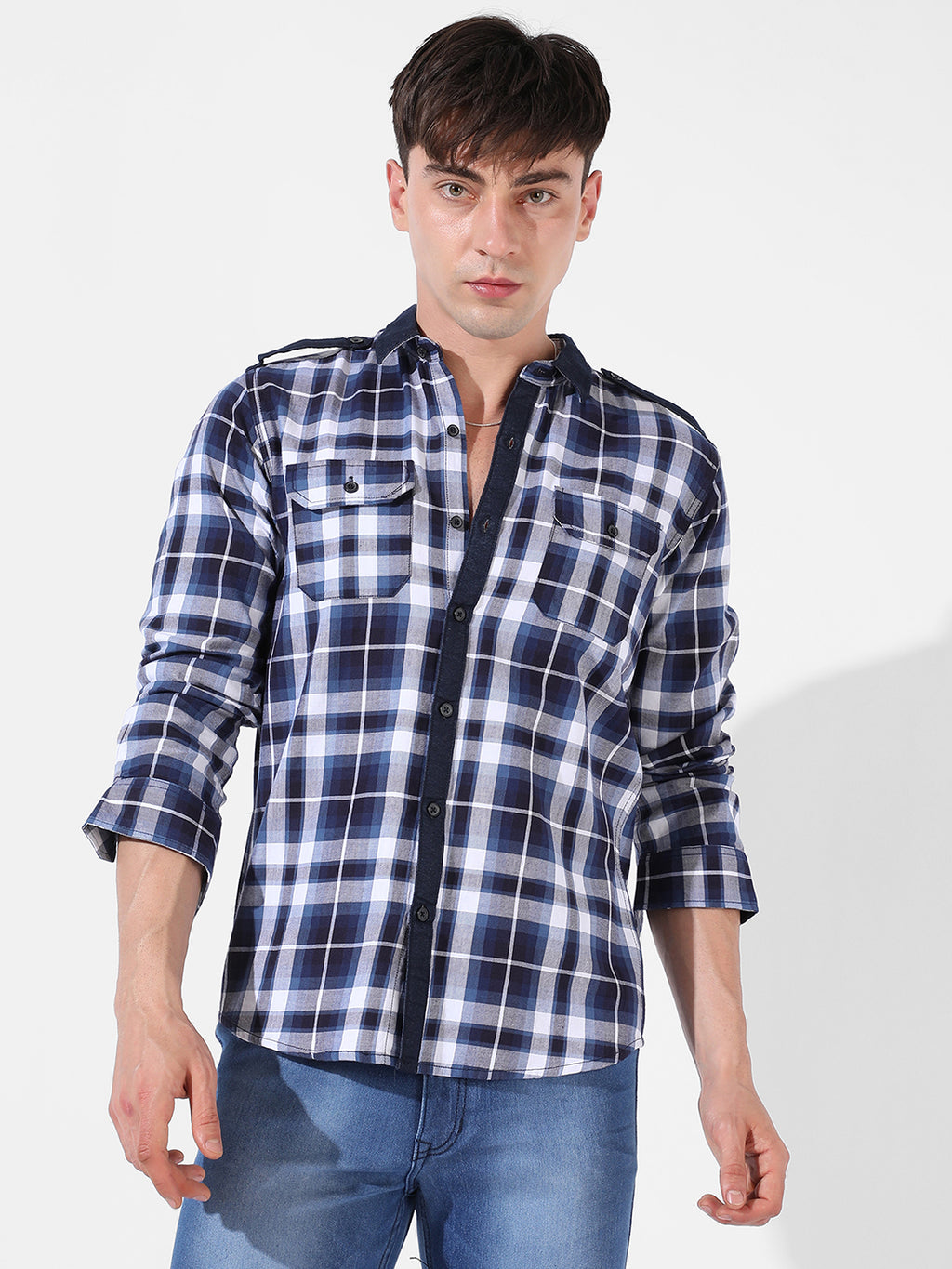 Blue Twill Check Casual Shirt