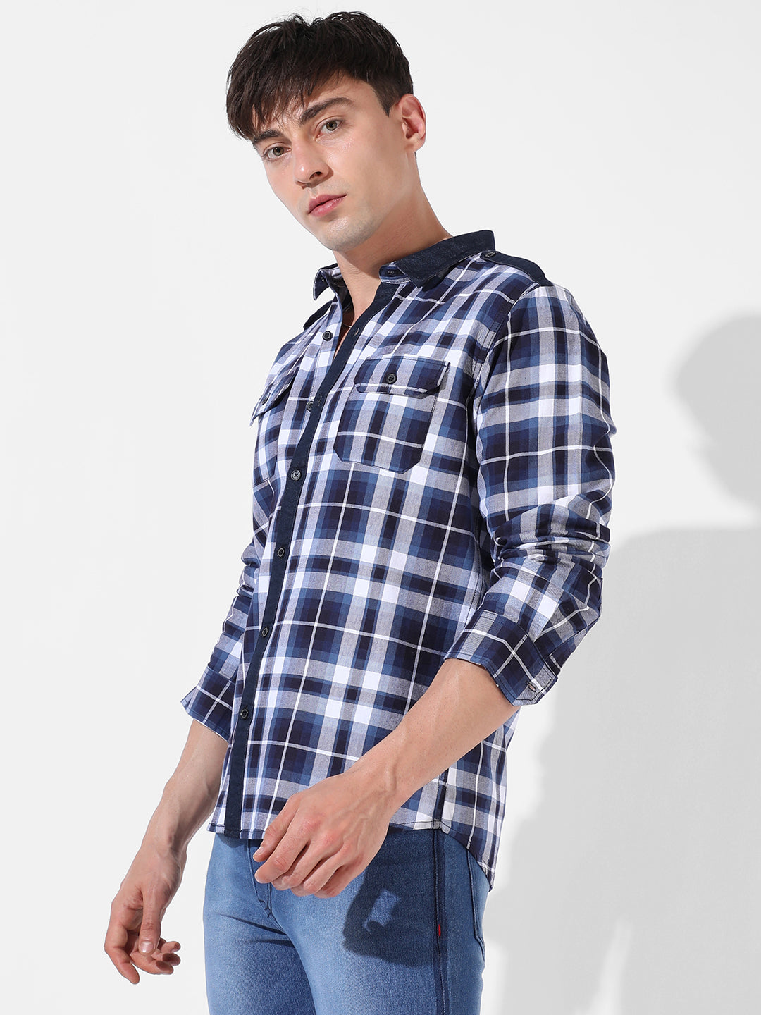 Blue Twill Check Casual Shirt
