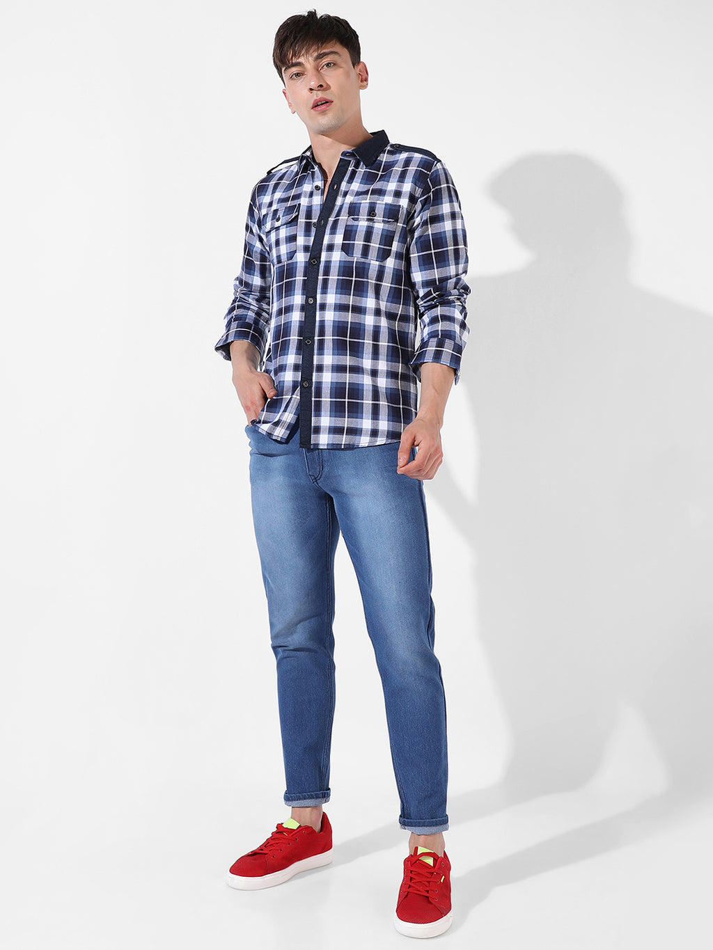Blue Twill Check Casual Shirt