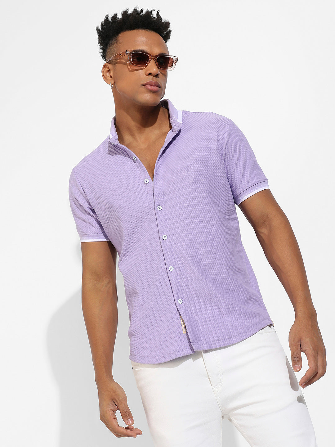₹799 | Campus Sutra Men's Lavender Honeycomb Knit Shirt - Campussutra