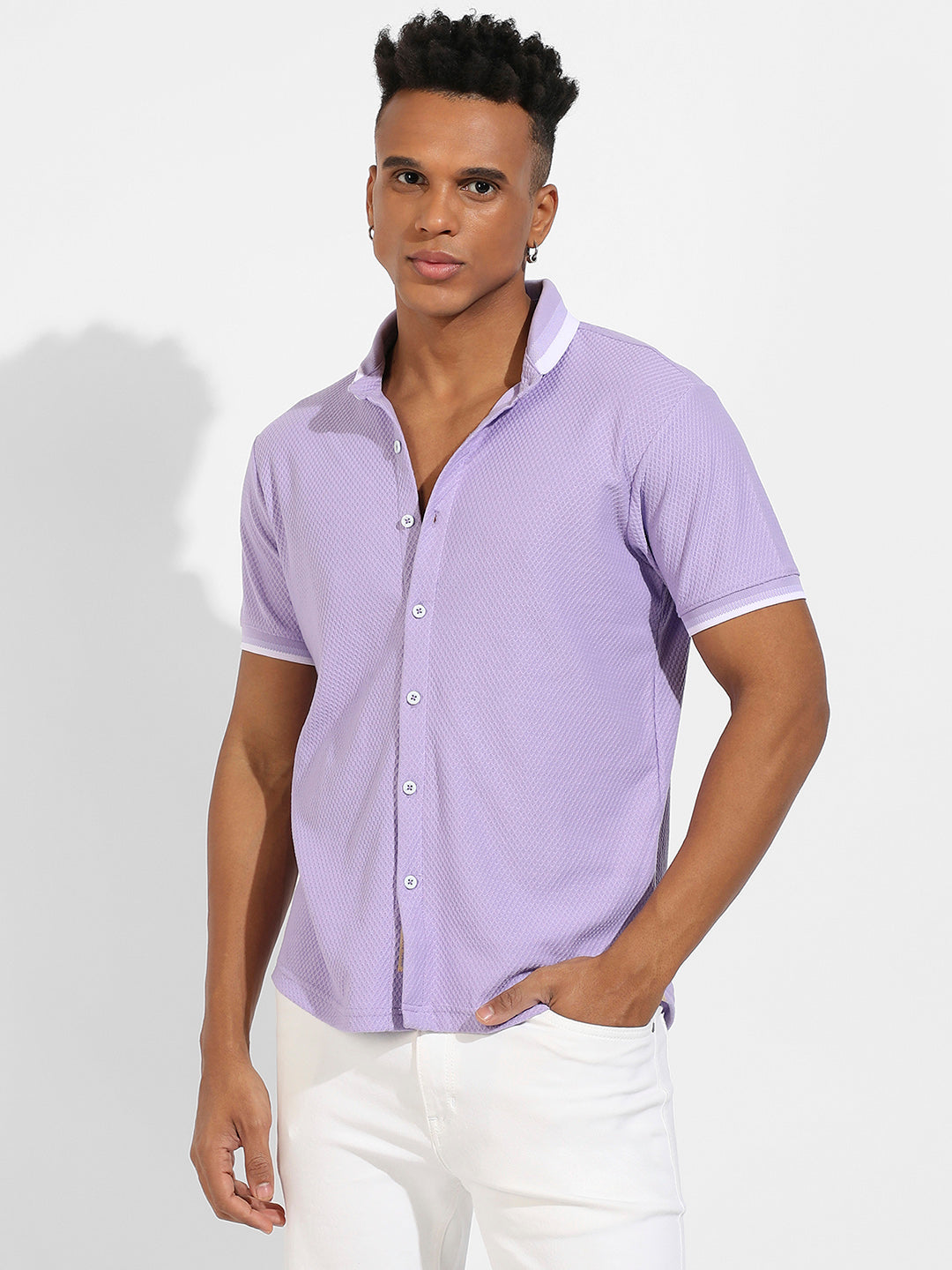 ₹749 | Campus Sutra Men's Lavender Honeycomb Knit Shirt - Campussutra