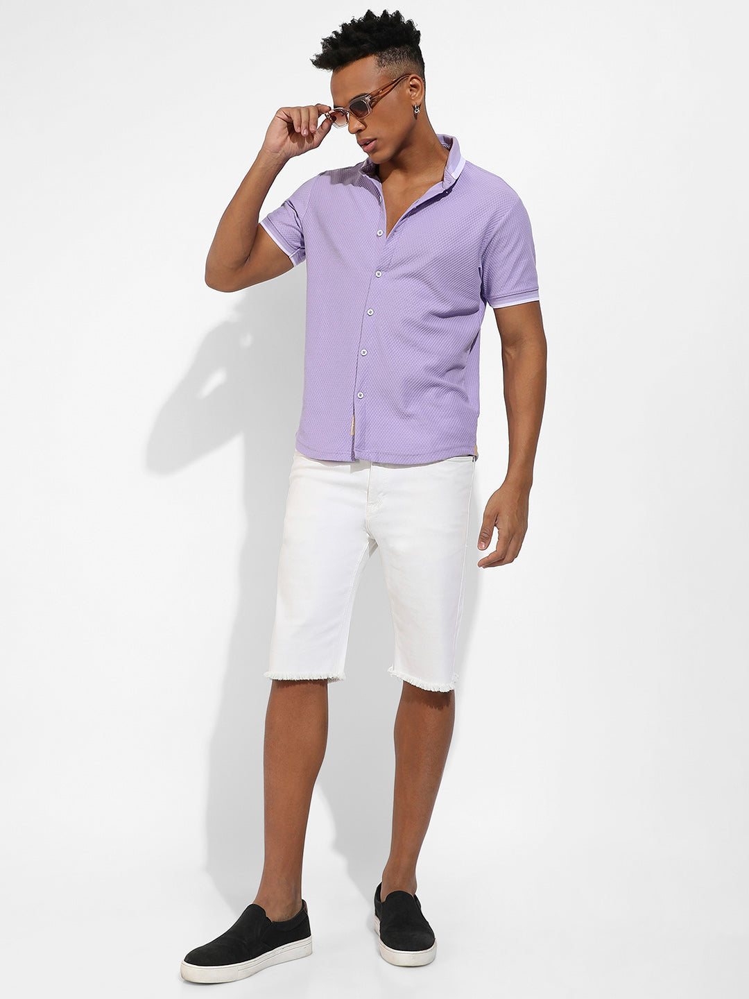 ₹799 | Campus Sutra Men's Lavender Honeycomb Knit Shirt - Campussutra