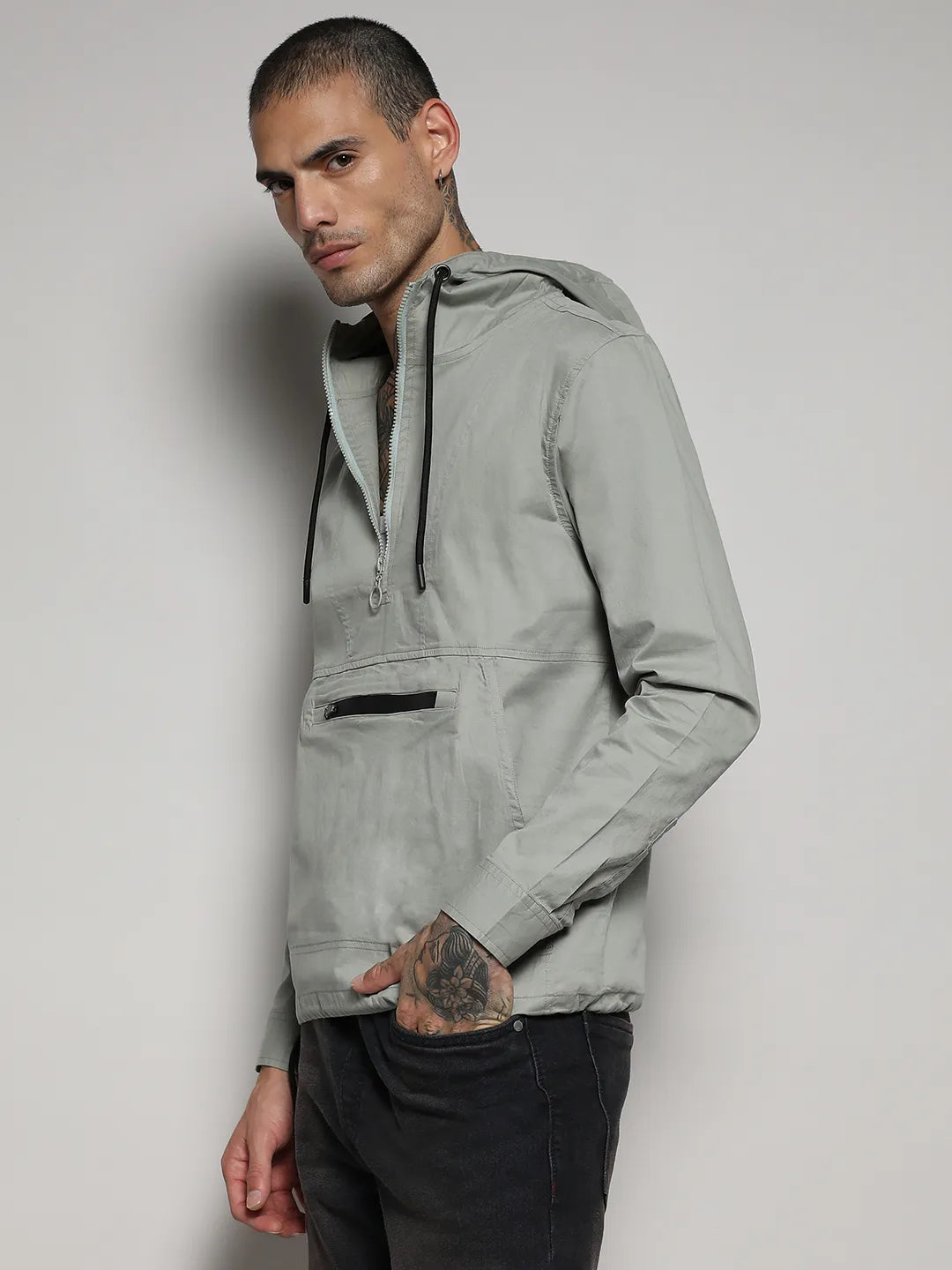 Half-Zip Utility Jacket With Contrast Drawstring