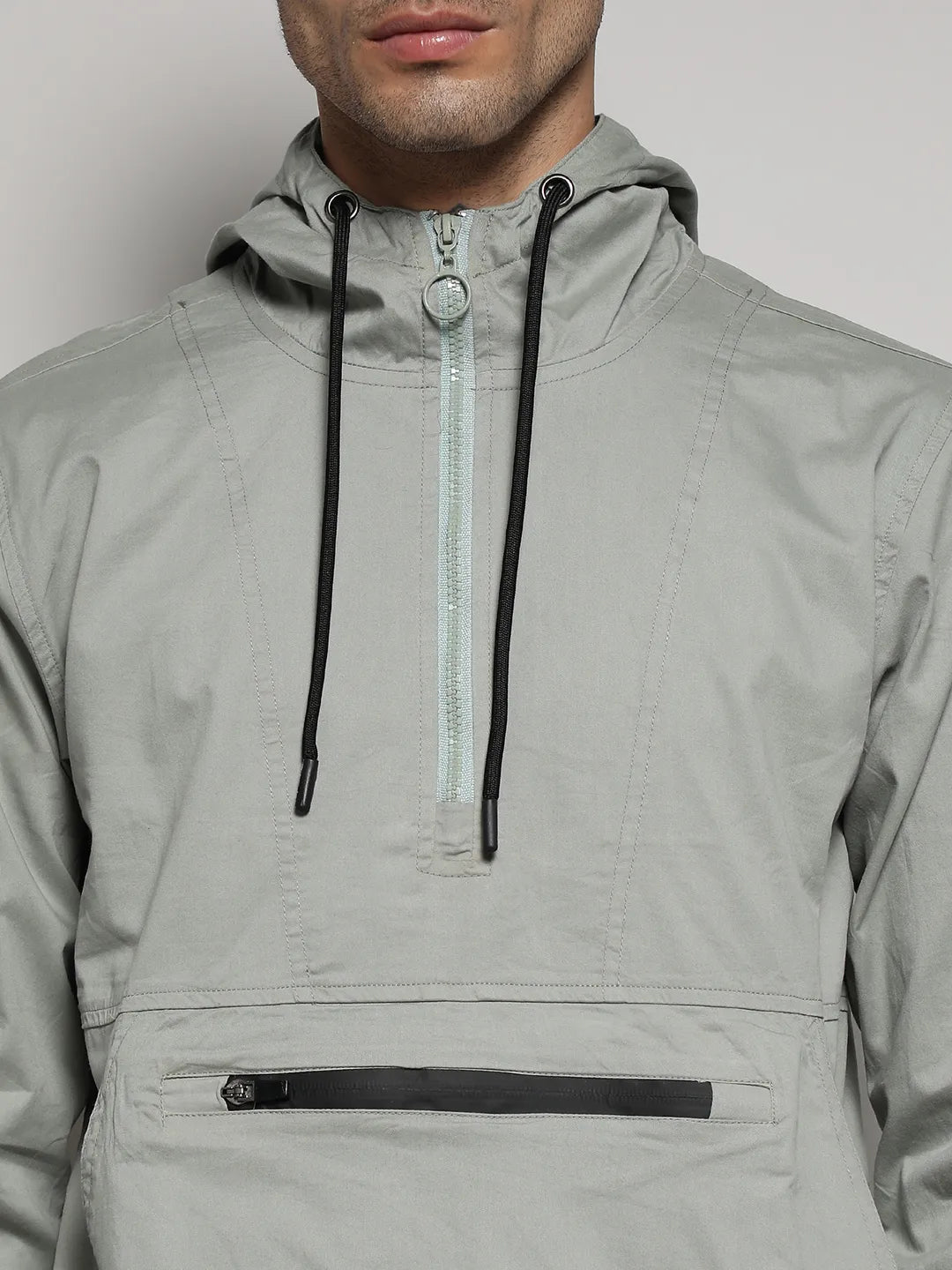 Sage Green Half-Zip Utility Jacket With Contrast Drawstring