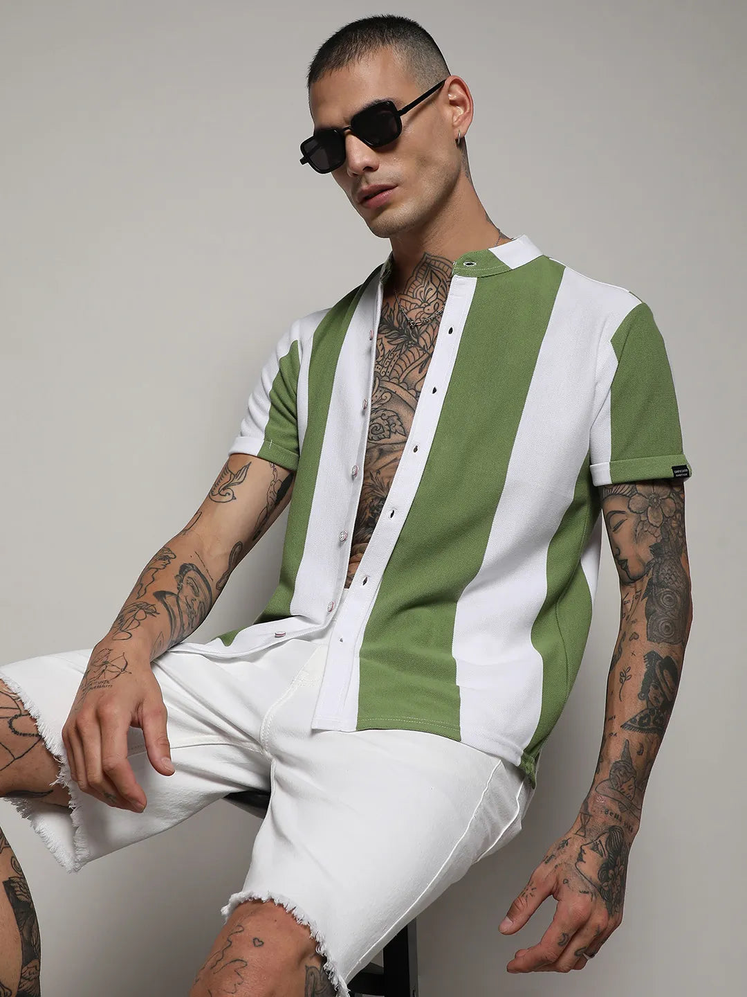 Striped Button Up Green And White Shirt