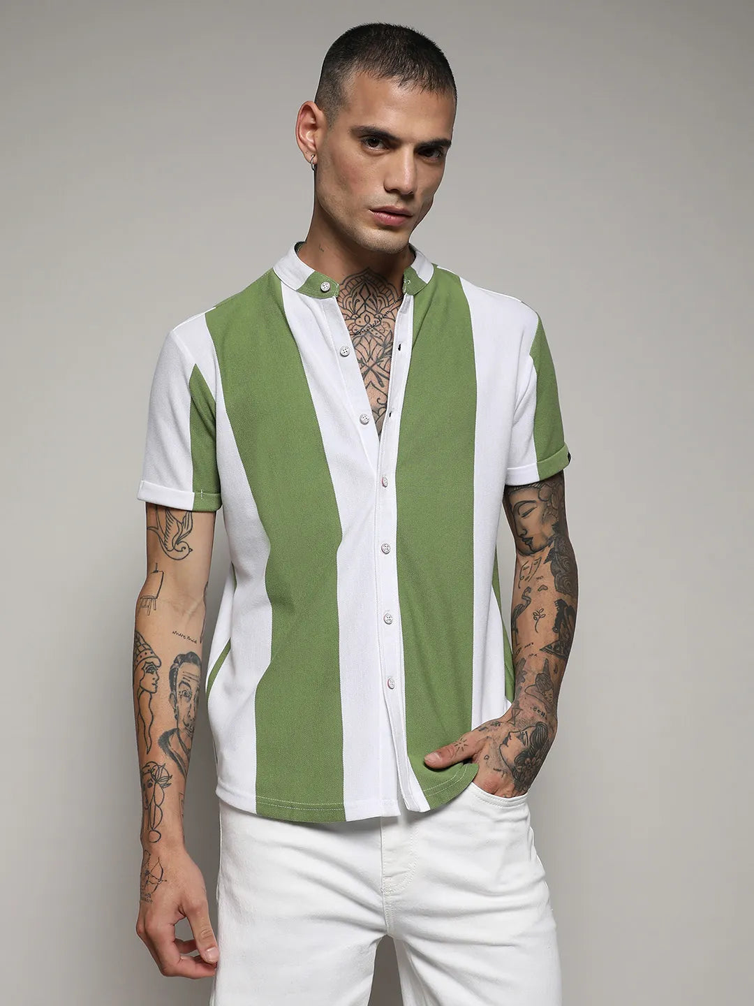 Striped Button Up Green And White Shirt