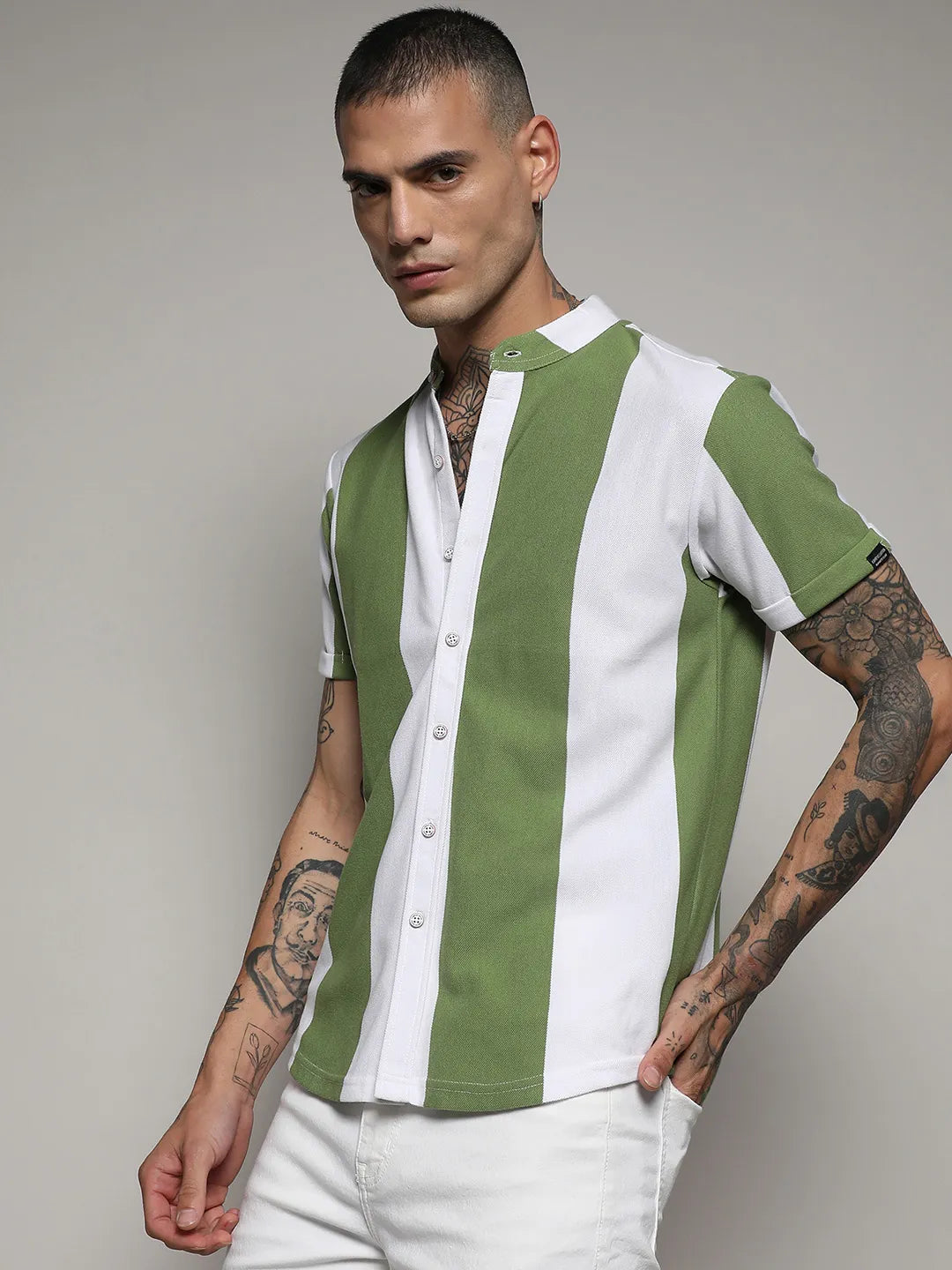 Striped Button Up Green And White Shirt