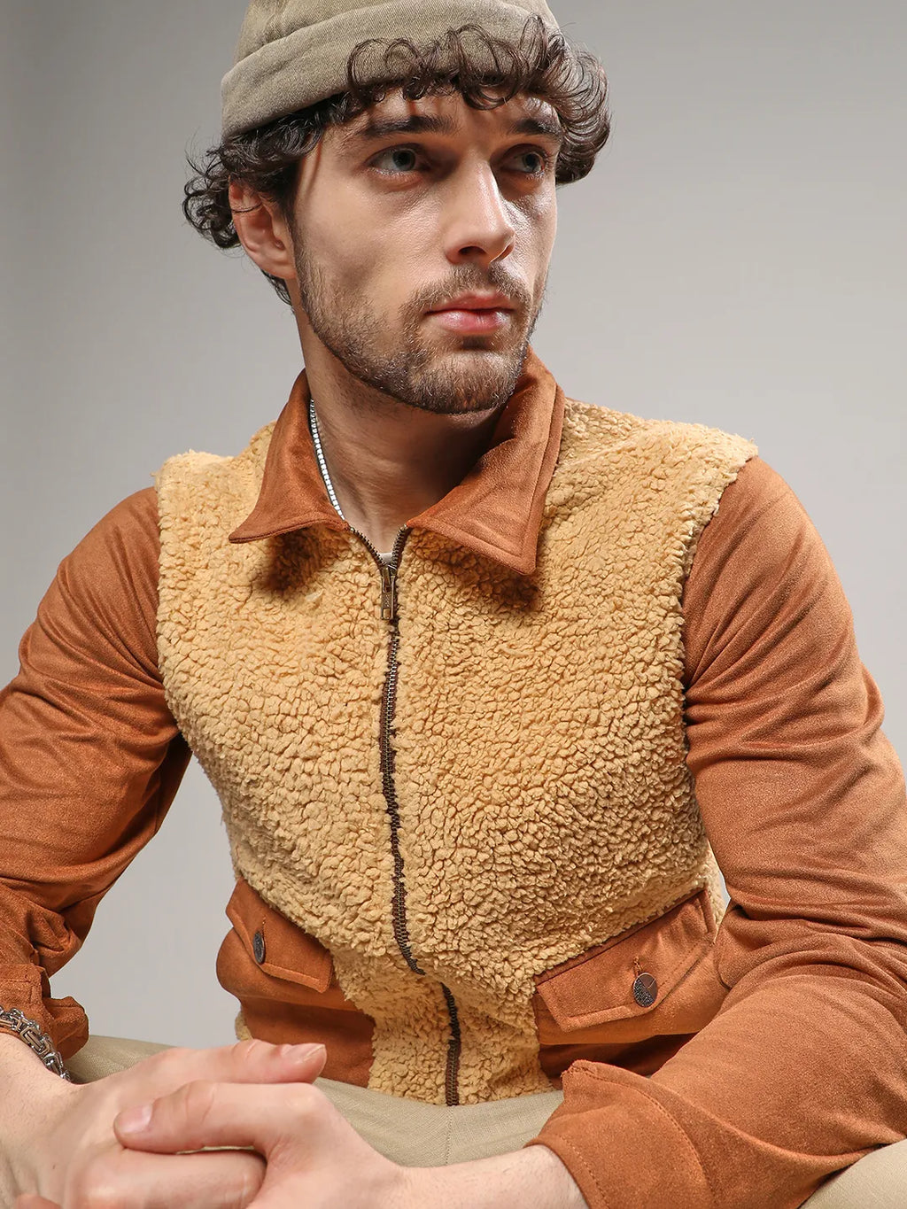 Tan Brown Contrast Sherpa Jacket