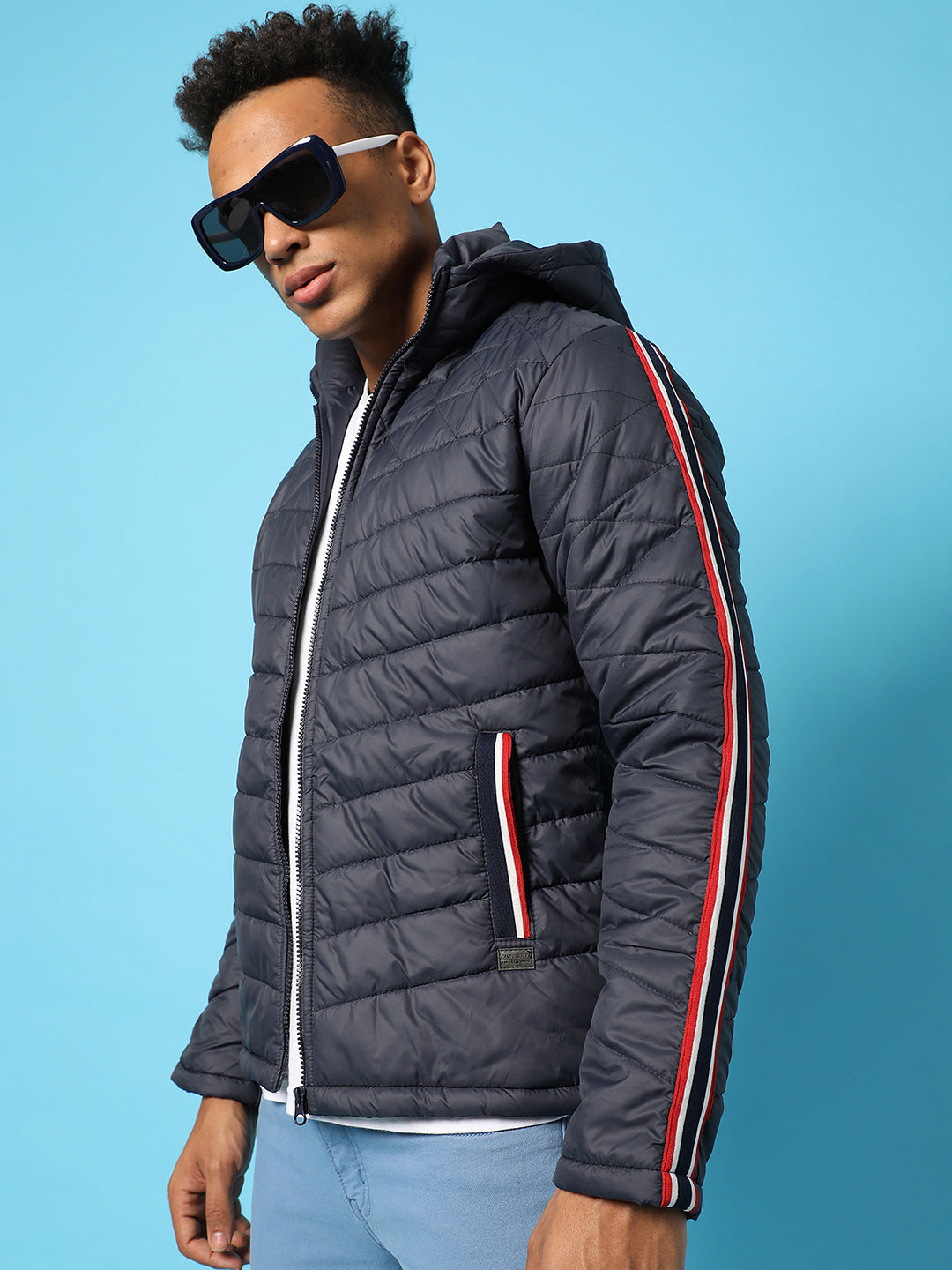 Quilted Puffer Jacket With Contrast Striped Sleeve