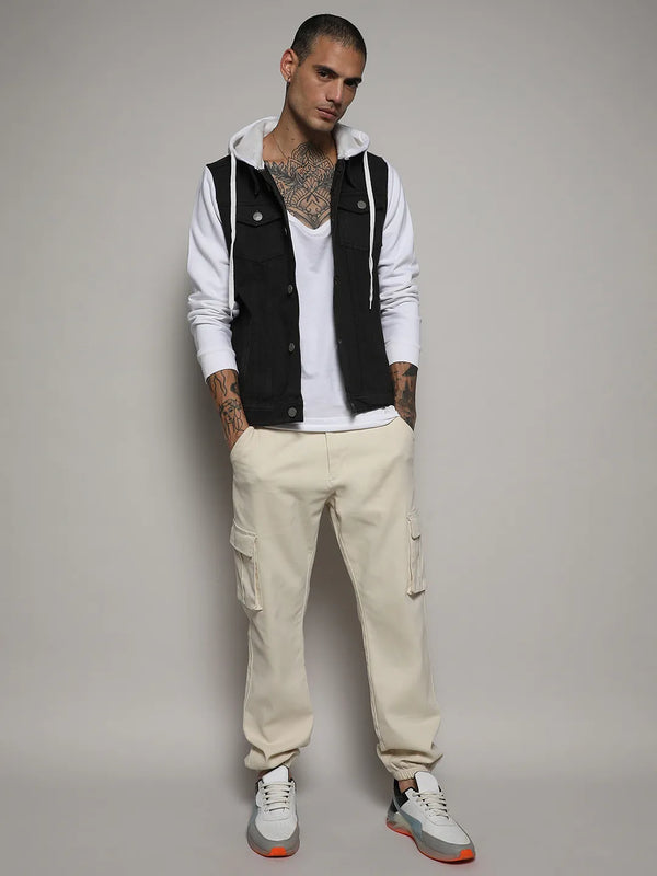 Medium-Wash Denim Jacket With Sweatshirt Sleeve