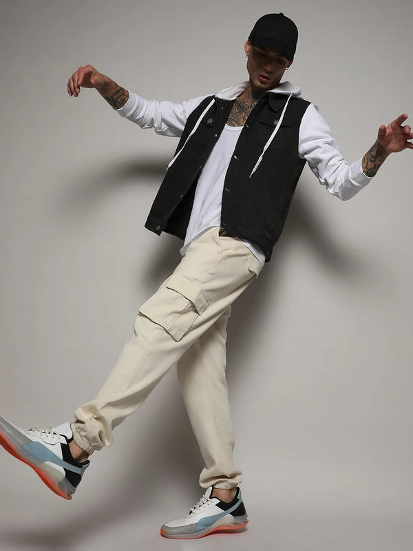 Medium-Wash Denim Jacket With Sweatshirt Sleeve