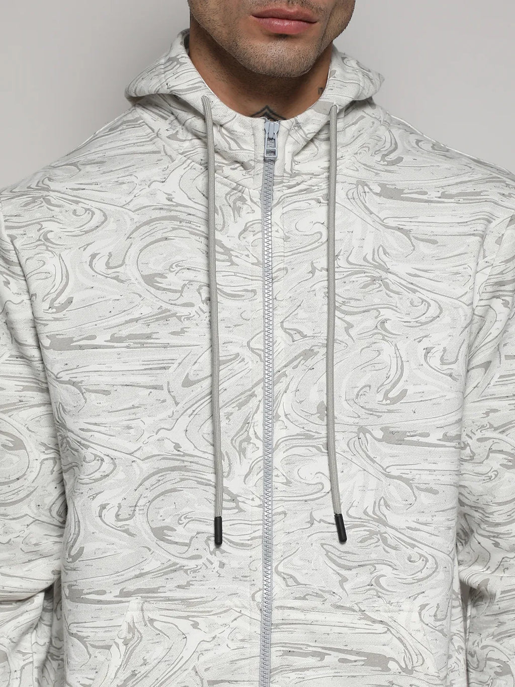 White & Grey Contrast Fluid Zip Front Hoodie