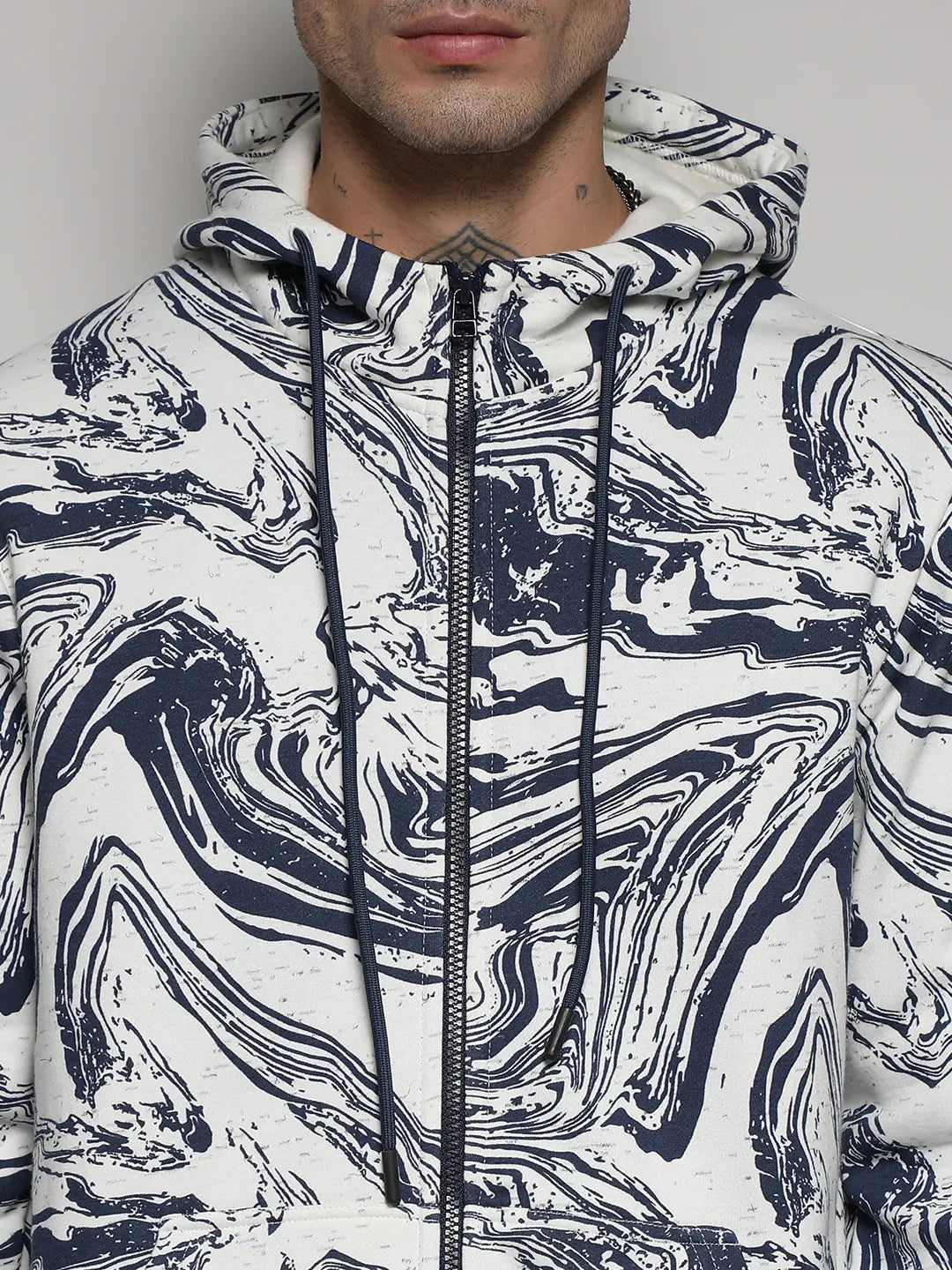 White & Indigo Blue Contrast Fluid Zip Front Hoodie