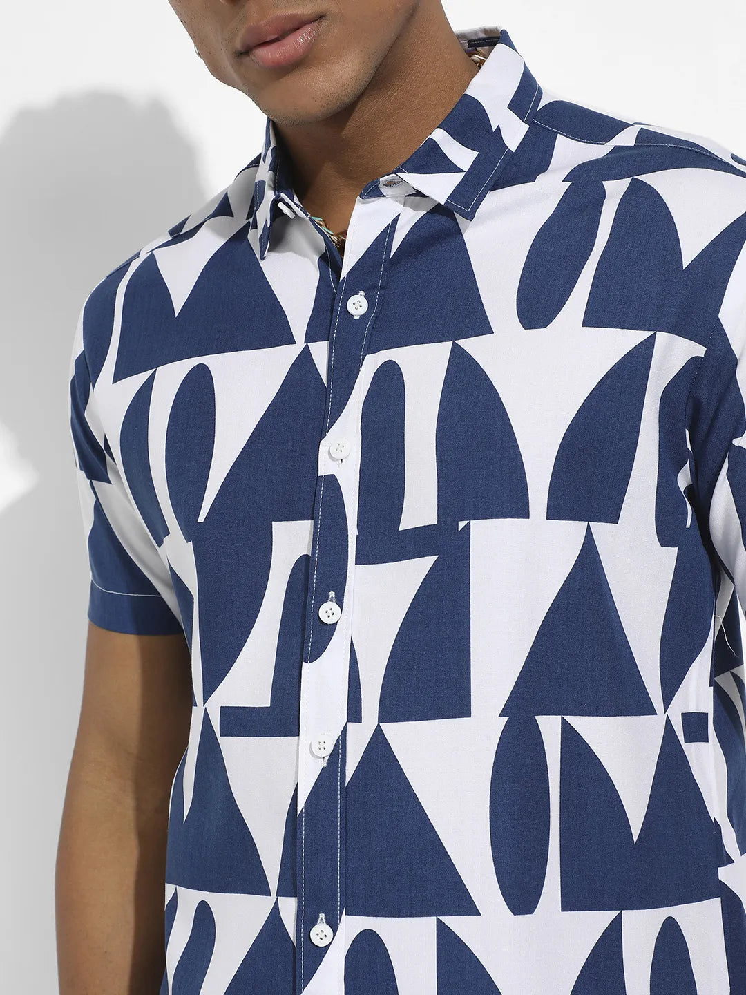 White & Indigo Blue Geometric Block Shirt