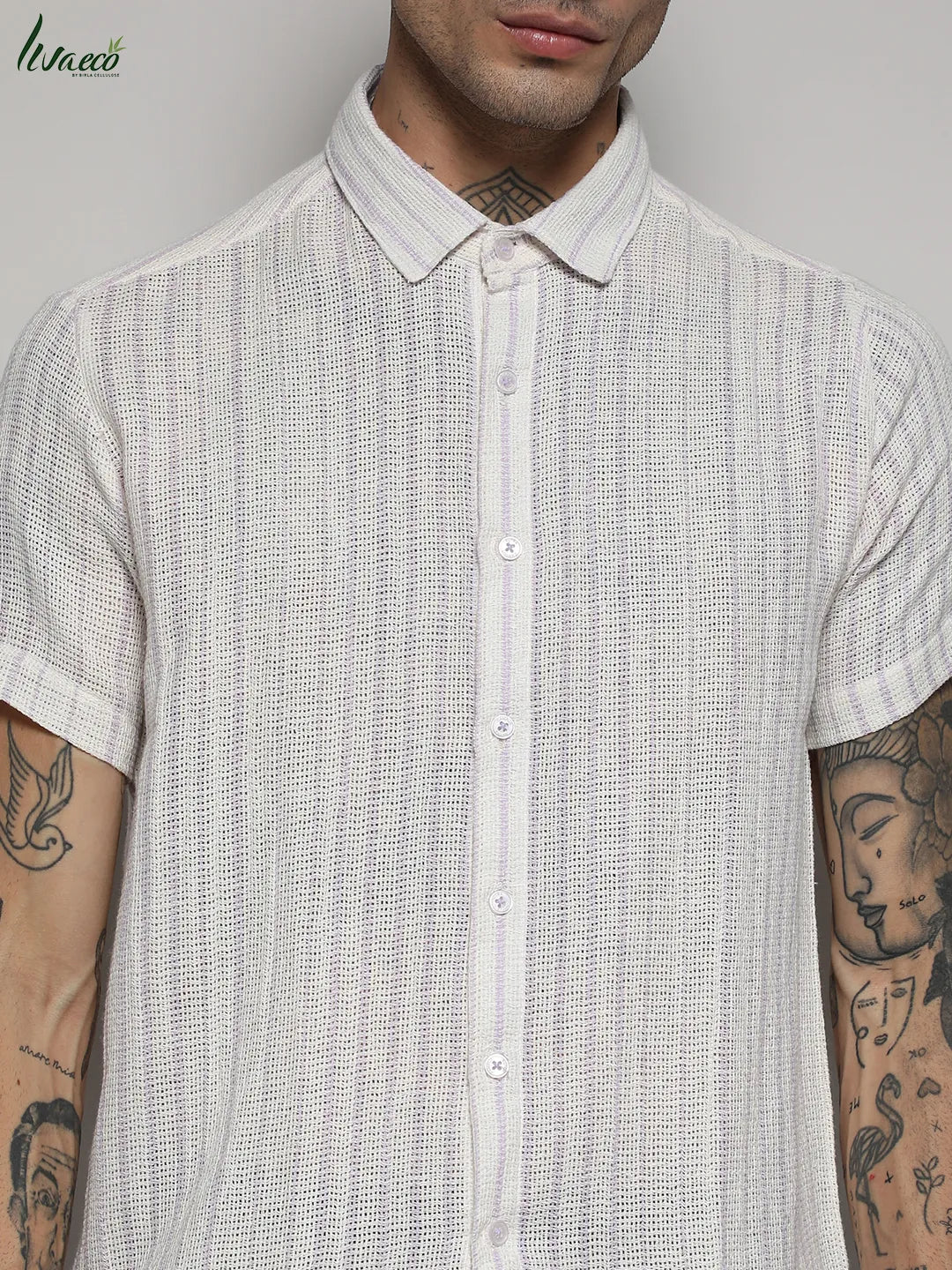 White & Lavender Unbalanced Striped Woven Shirt