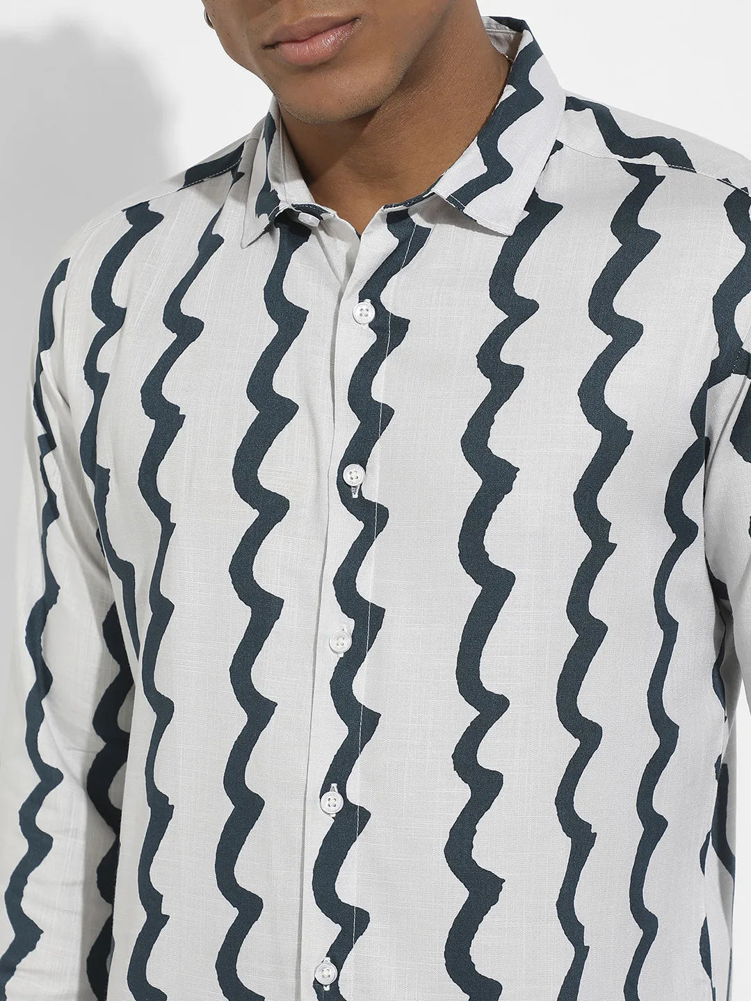 White & Navy Blue Contrast Paint Lines Shirt