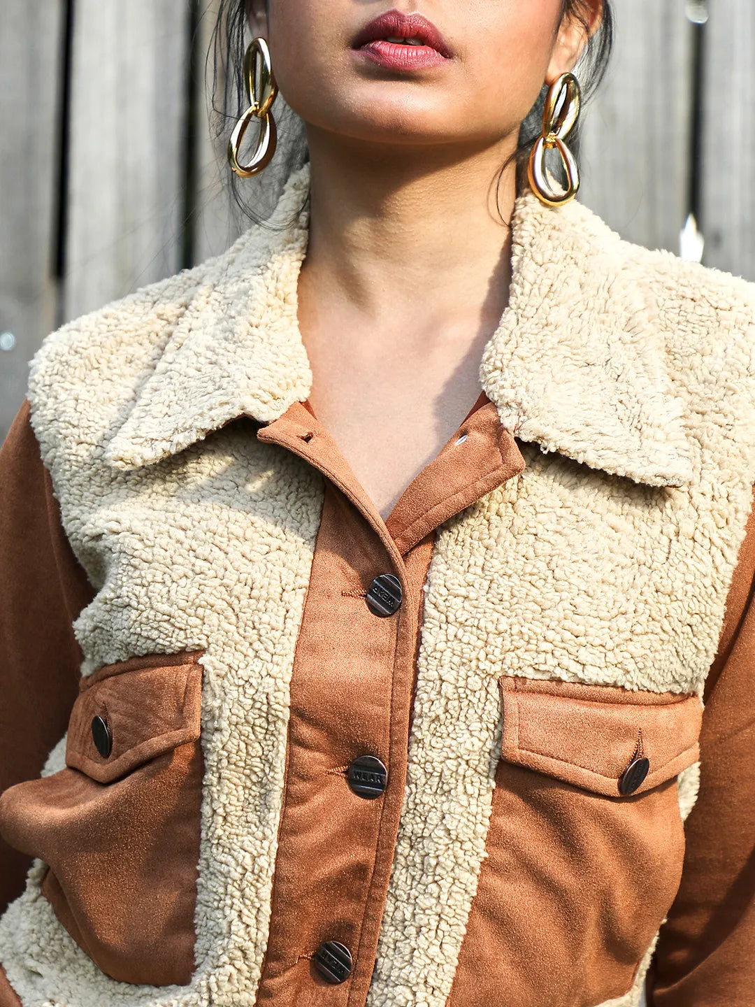 Women Brown Contrast Sherpa Jacket