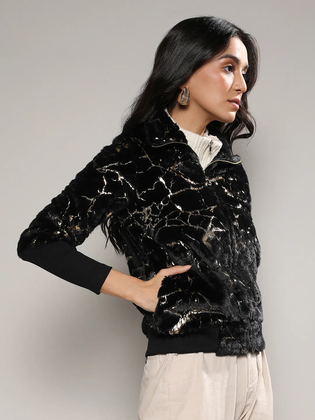 Metallic Veined Faux Fur Jacket