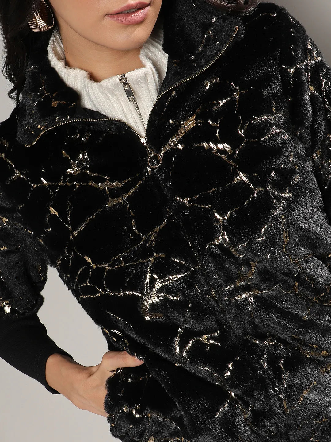 Women Carbon Black Metallic Veined Faux Fur Jacket