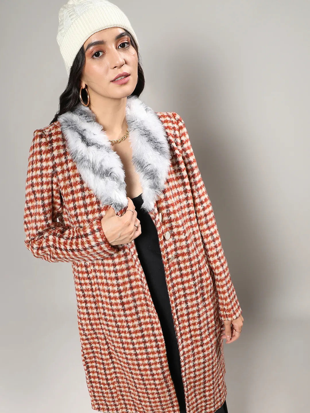 Houndstooth Long Coat With Faux Fur Neck