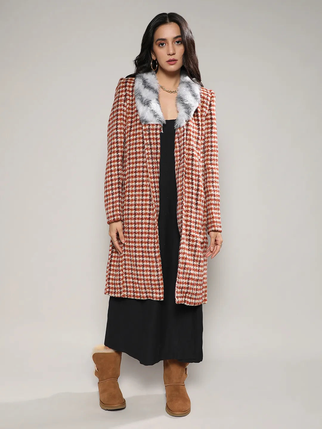 Houndstooth Long Coat With Faux Fur Neck