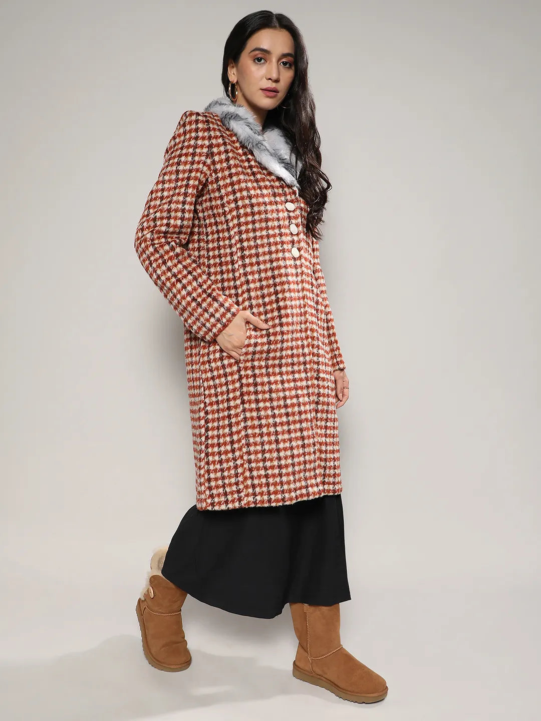 Houndstooth Long Coat With Faux Fur Neck