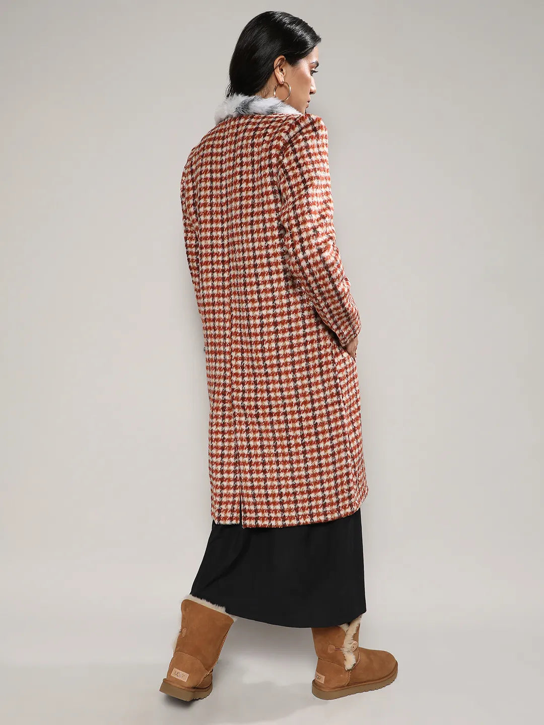 Houndstooth Long Coat With Faux Fur Neck