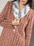 Chesnut Brown Houndstooth Long Coat With Faux Fur Neck