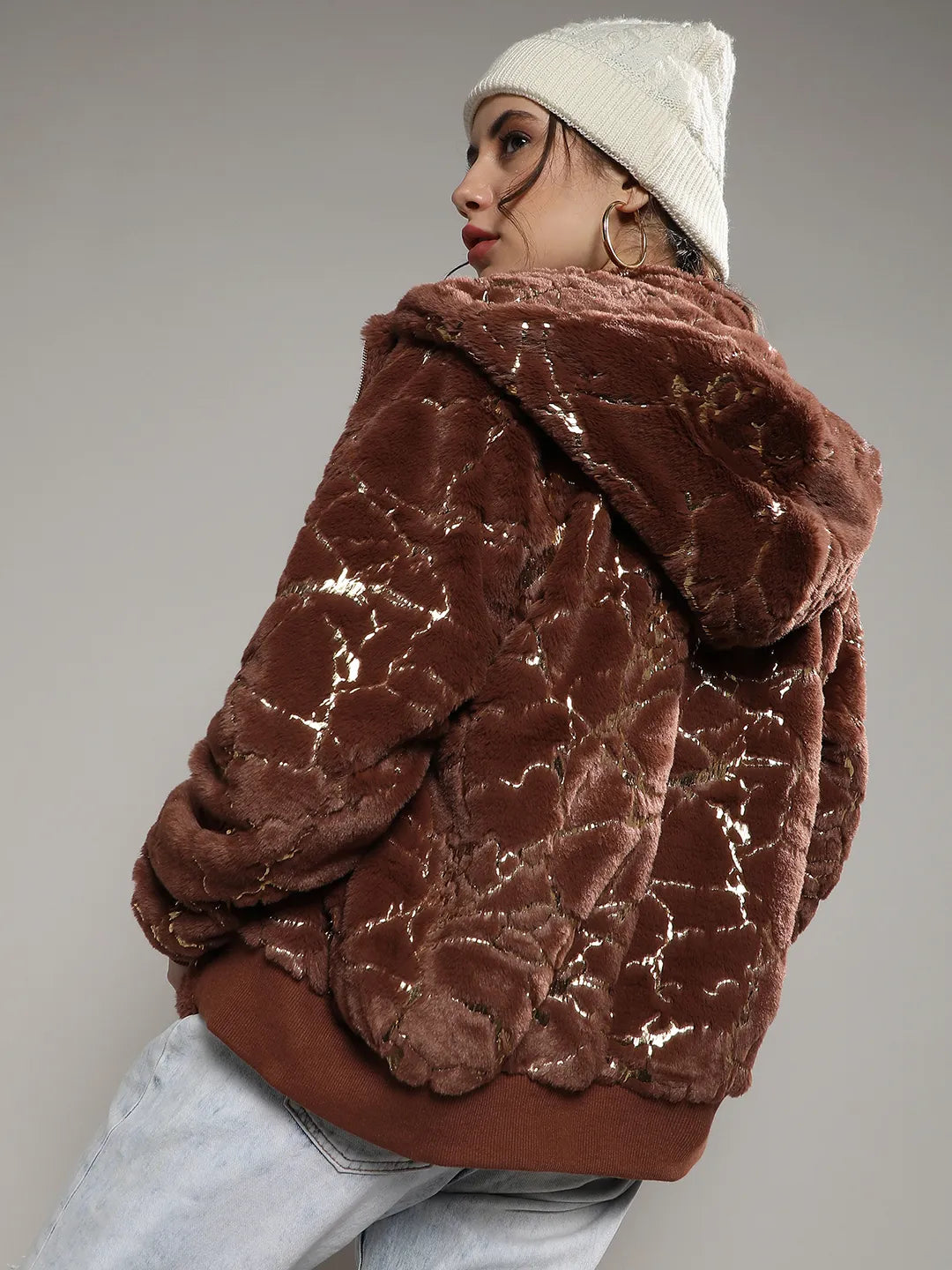 Metallic Veined Faux Fur Jacket