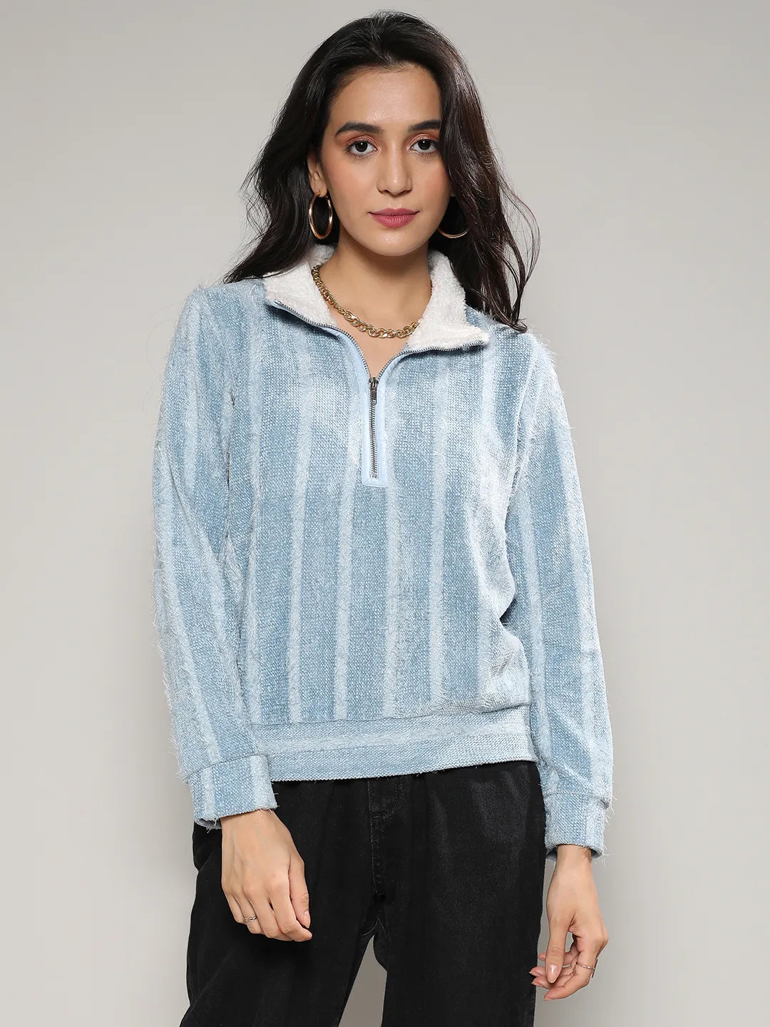 Textured Self-Design Striped Sweatshirt