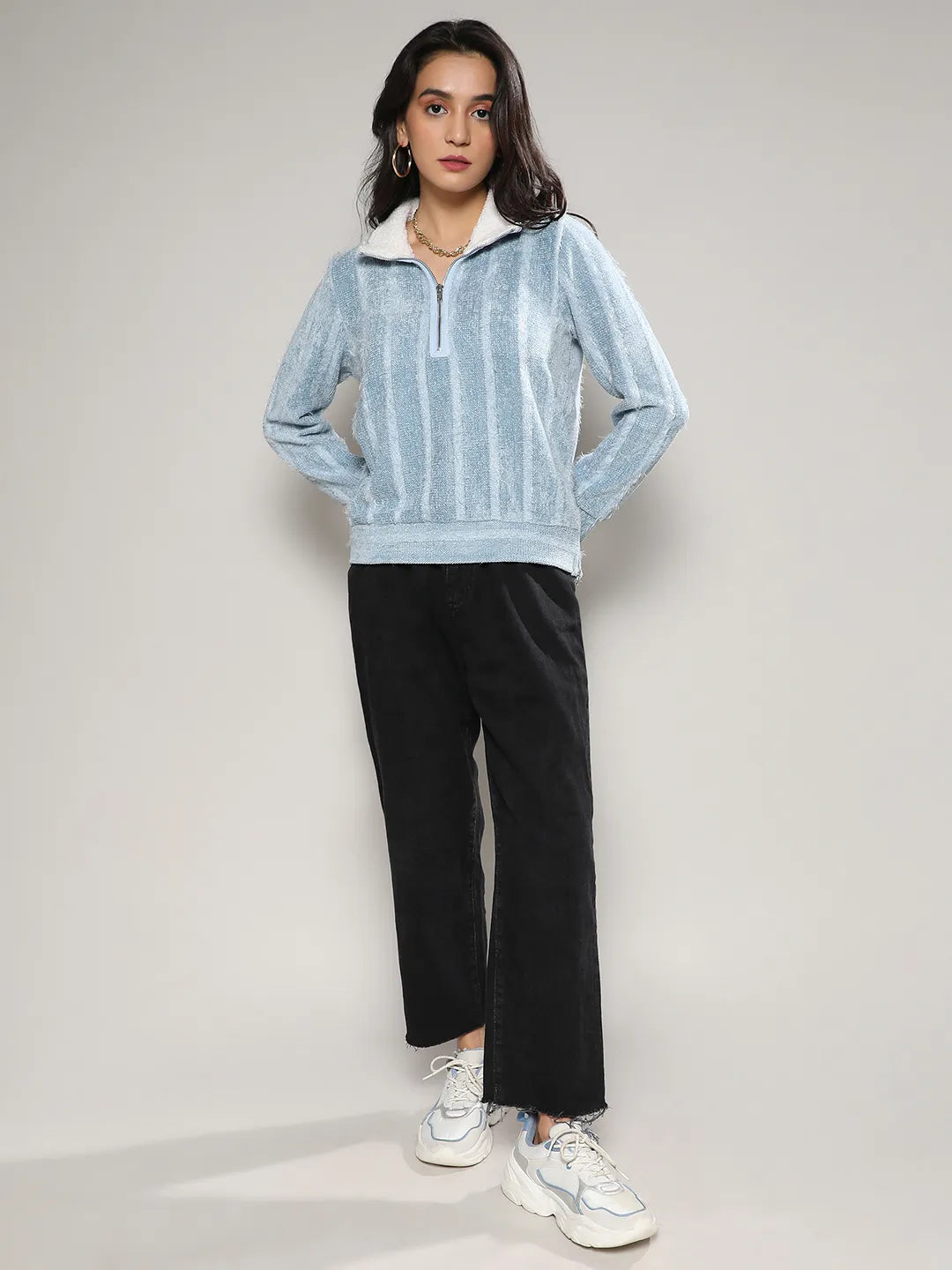 Textured Self-Design Striped Sweatshirt