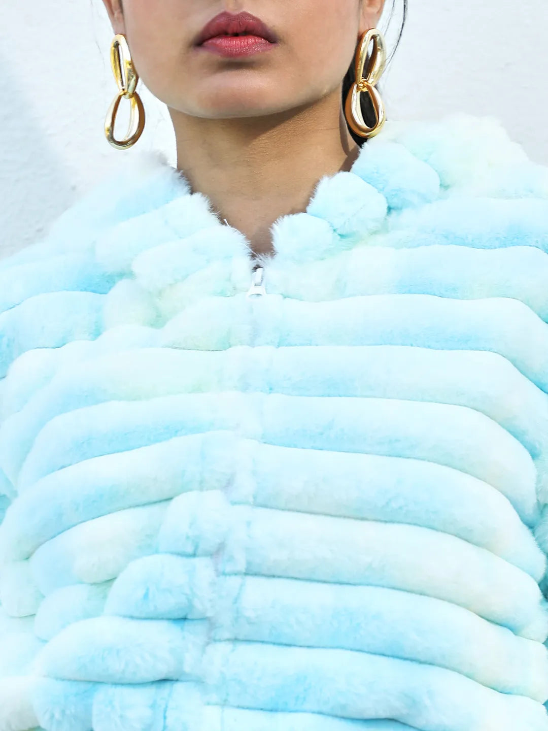 Women Light Blue Faux Fur Cropped Jacket