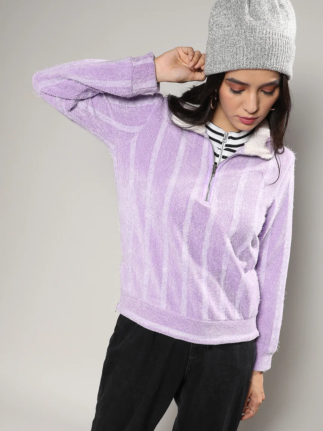 Textured Self-Design Striped Sweatshirt