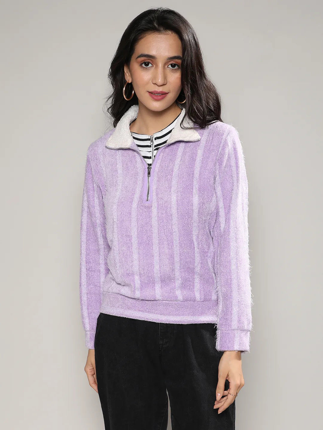 Textured Self-Design Striped Sweatshirt