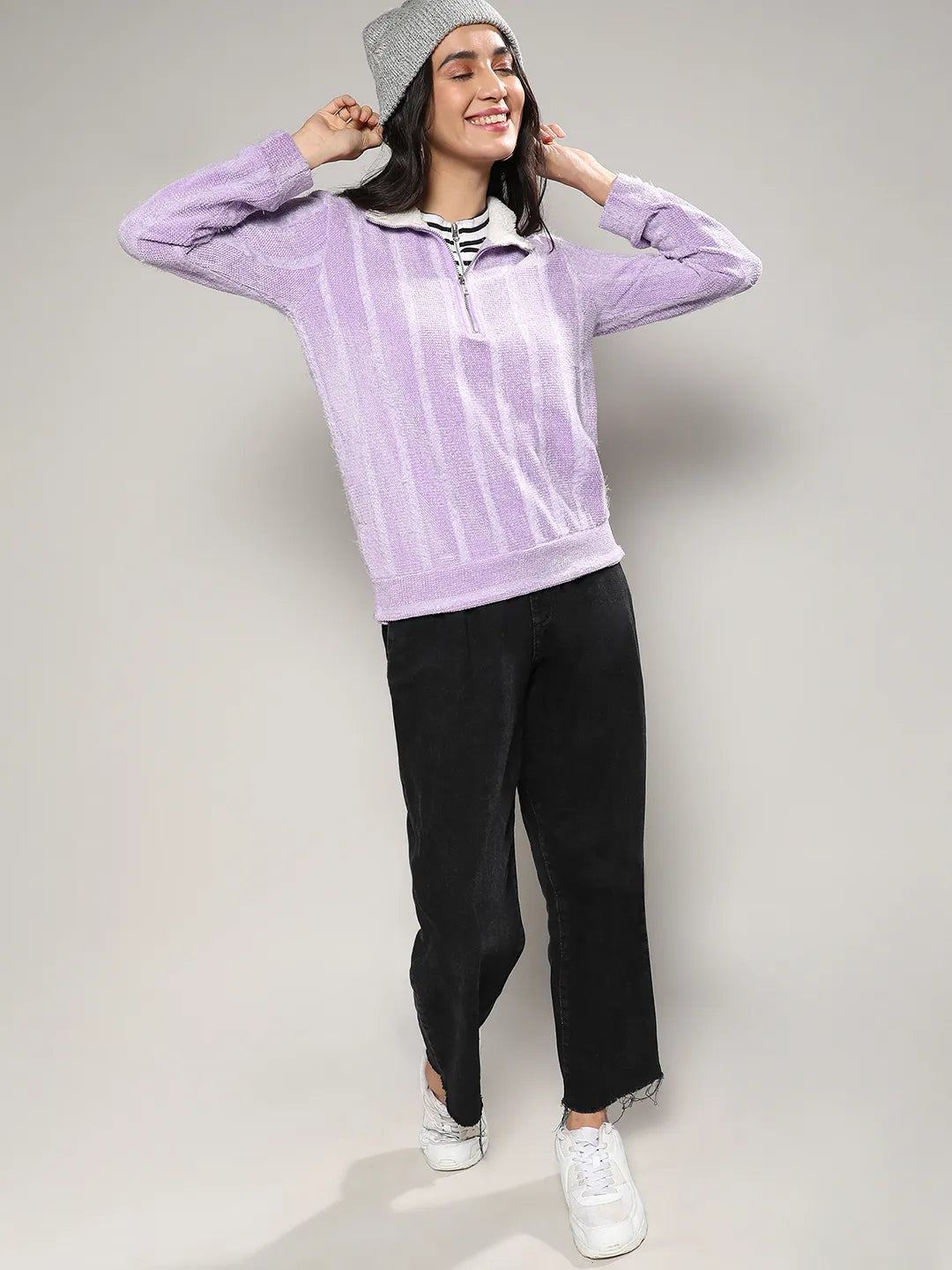 Textured Self-Design Striped Sweatshirt