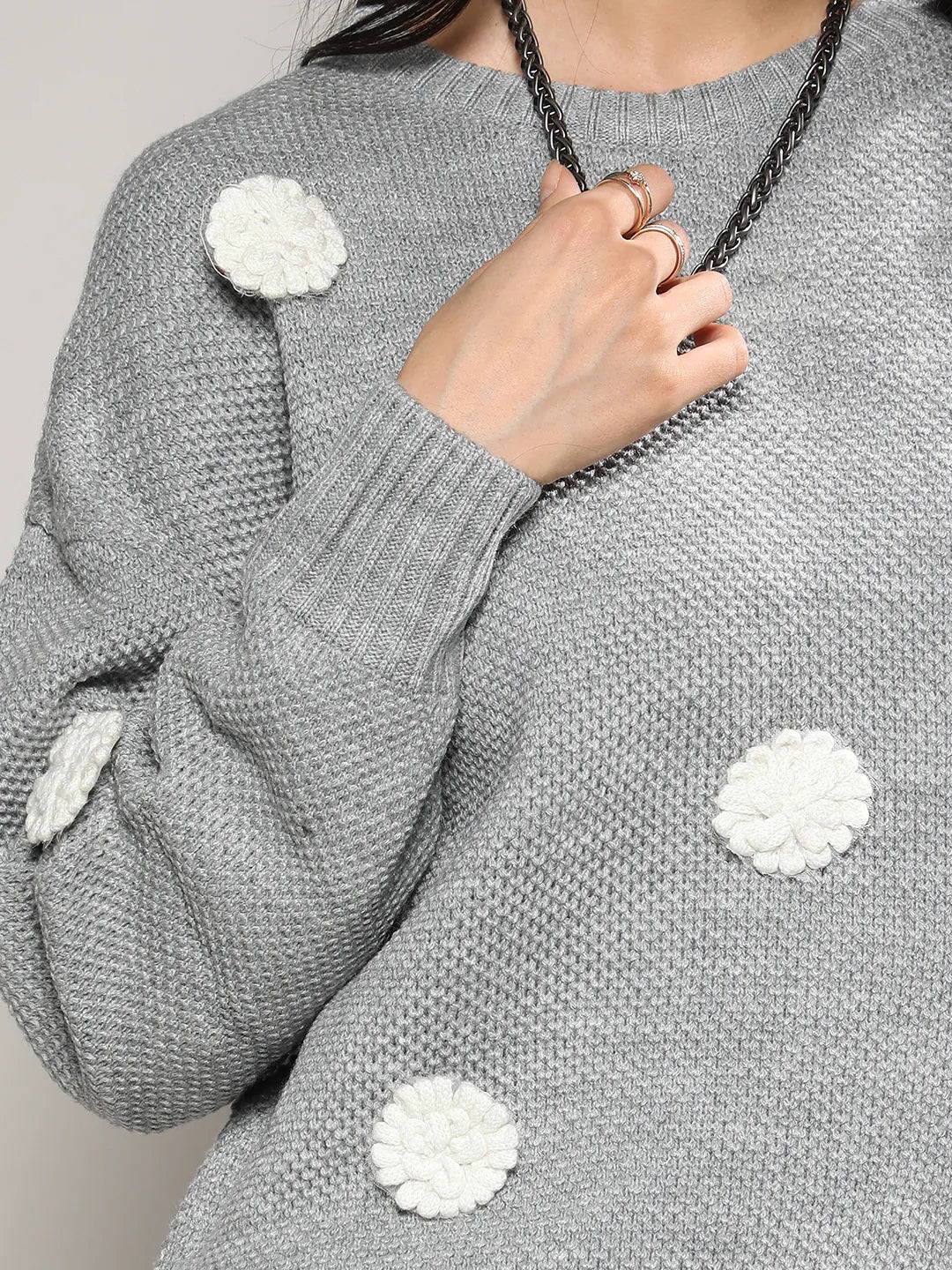 Women Moon Grey Flower Knit Sweater