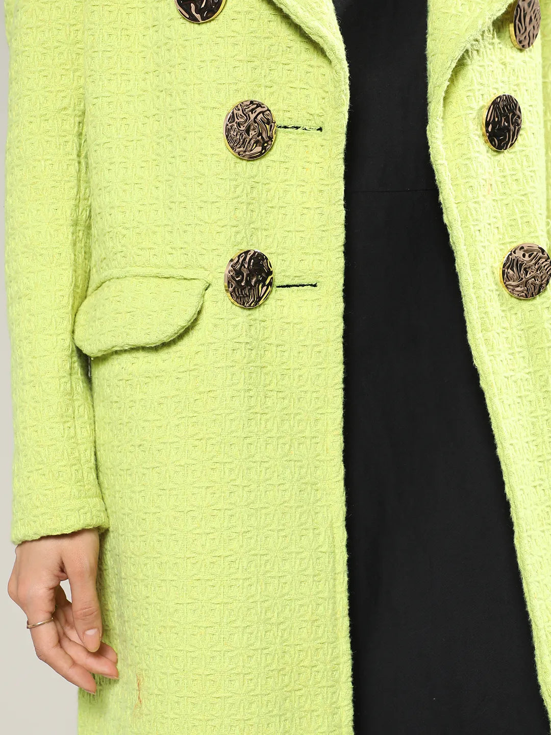 Women Neon Green Double- Breasted Textured Long Coat