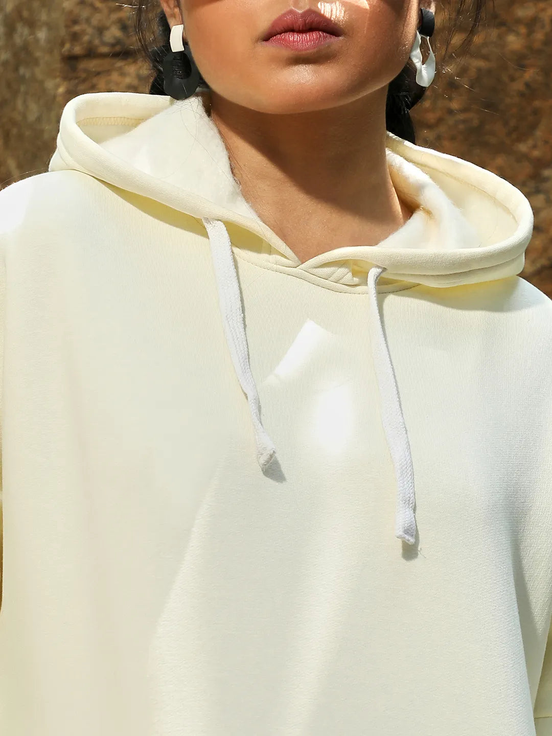 Women Off-White Oversized Basic Hoodie With Kangaroo Pocket