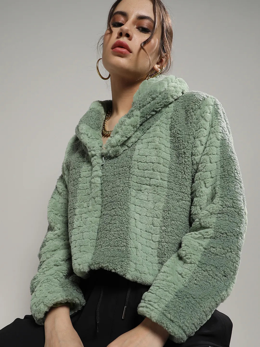 Women Olive Green Fleece Candy Striped Jacket