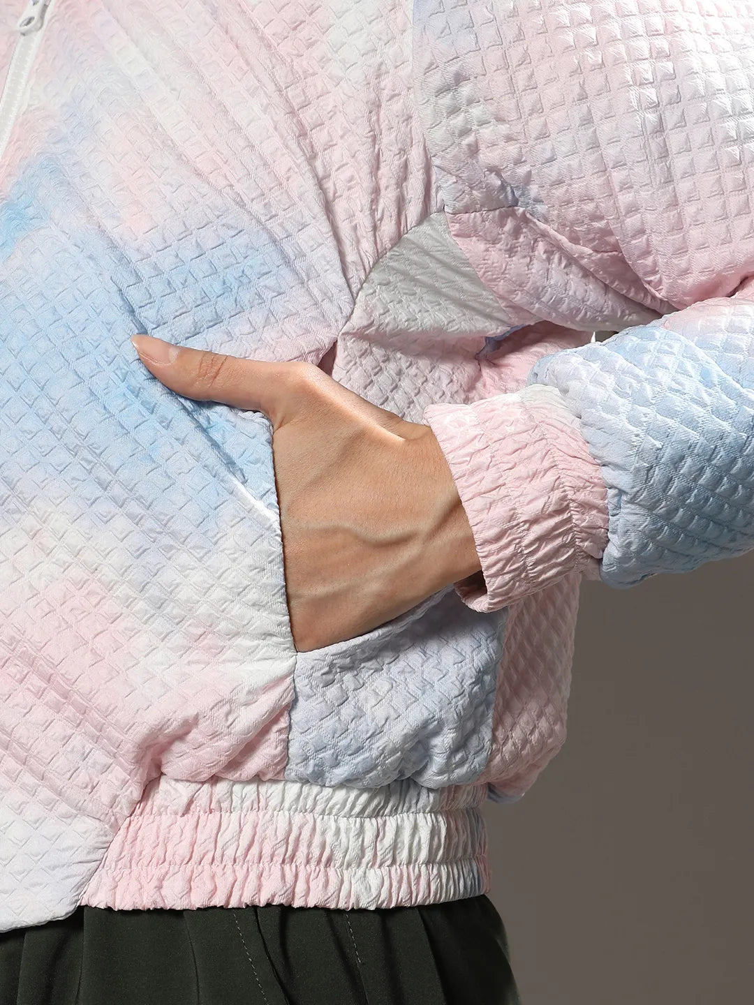 Women Powder Blue and Blush Pink Tie-Dye Micro Diamond Quilted Puffer Jacket