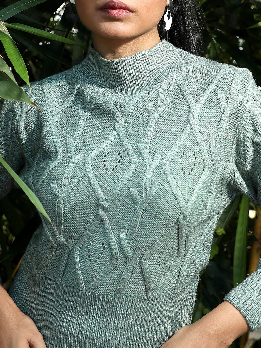 Women Sage Green Geometric Knit Sweater