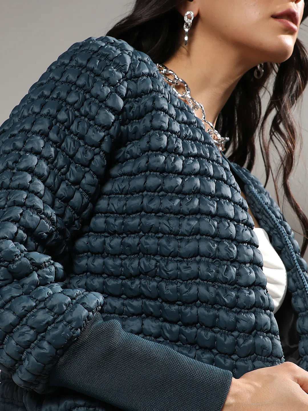 Women Teal Blue Creased Ripple Quilted Puffer Jacket