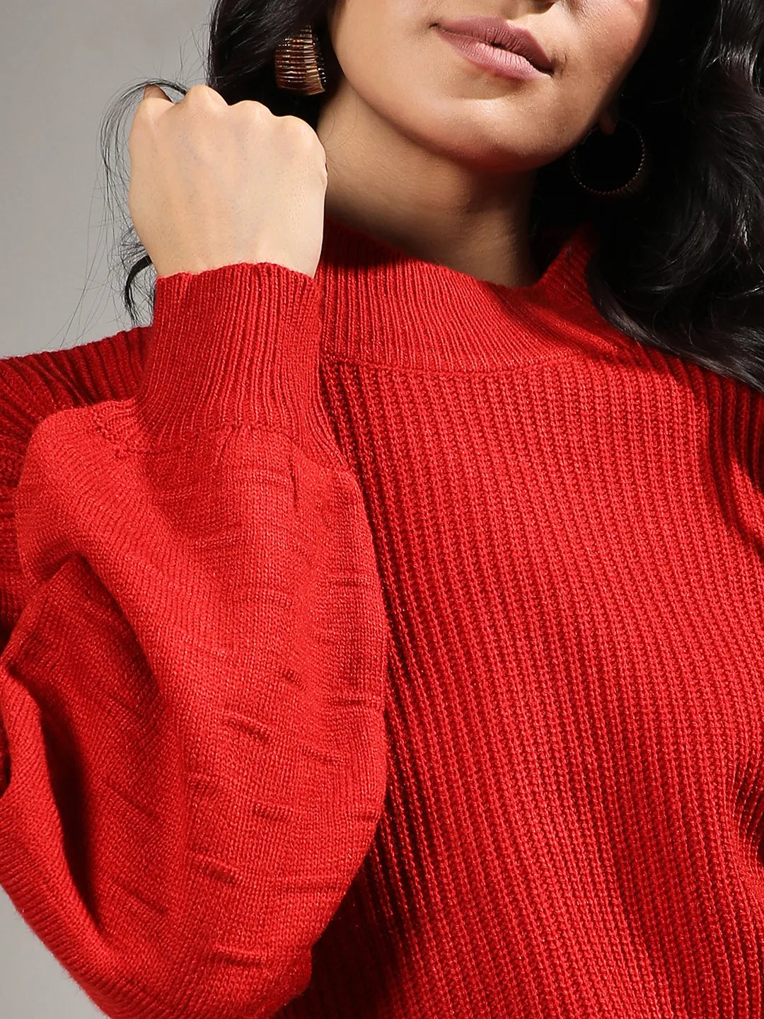 Women Venetian Red Boxy Ribbed Sweater